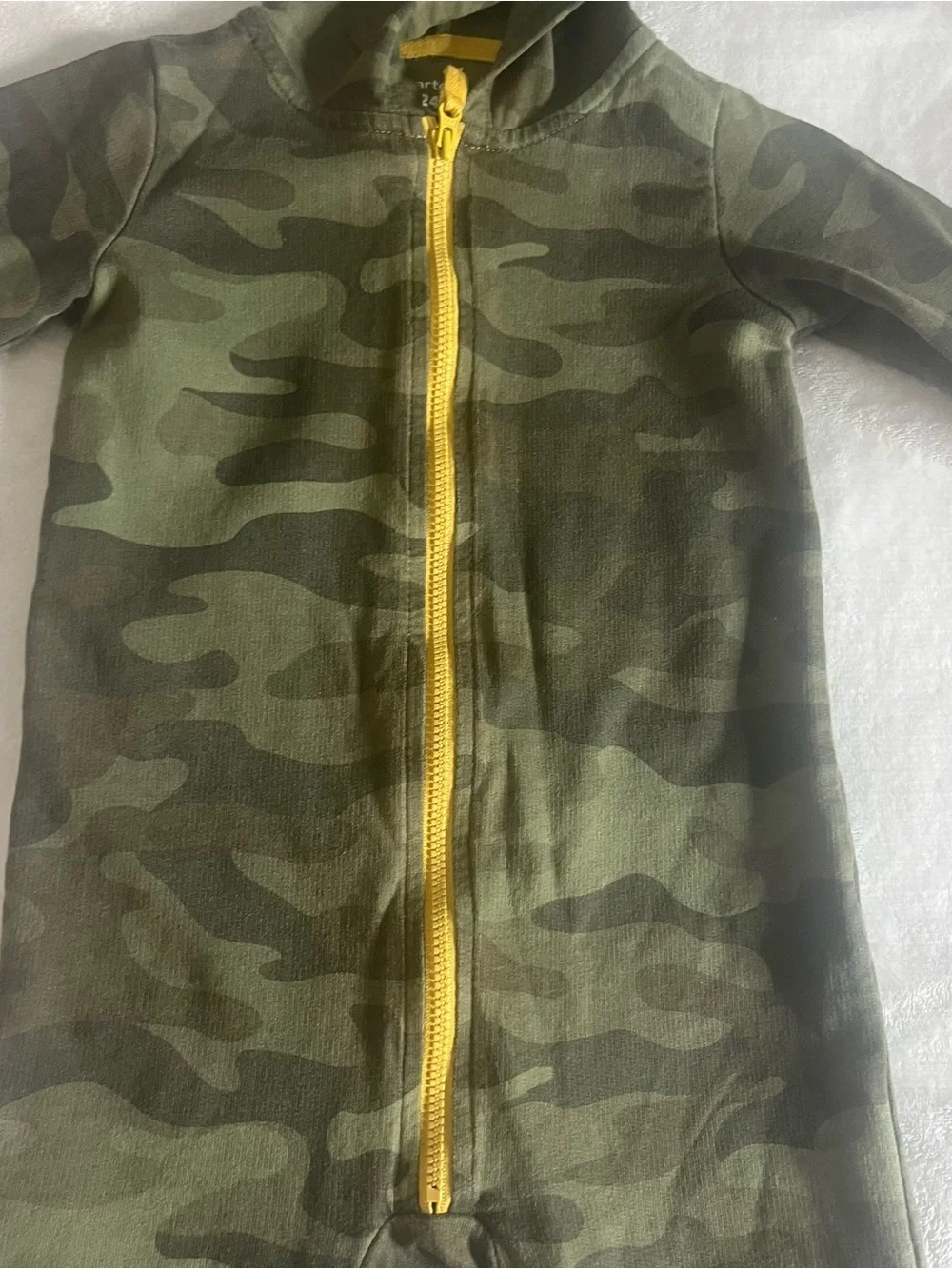 Carter’s Camo Hooded Baby One-Piece with Yellow Zipper & Dinosaur Spikes Sz 24M
